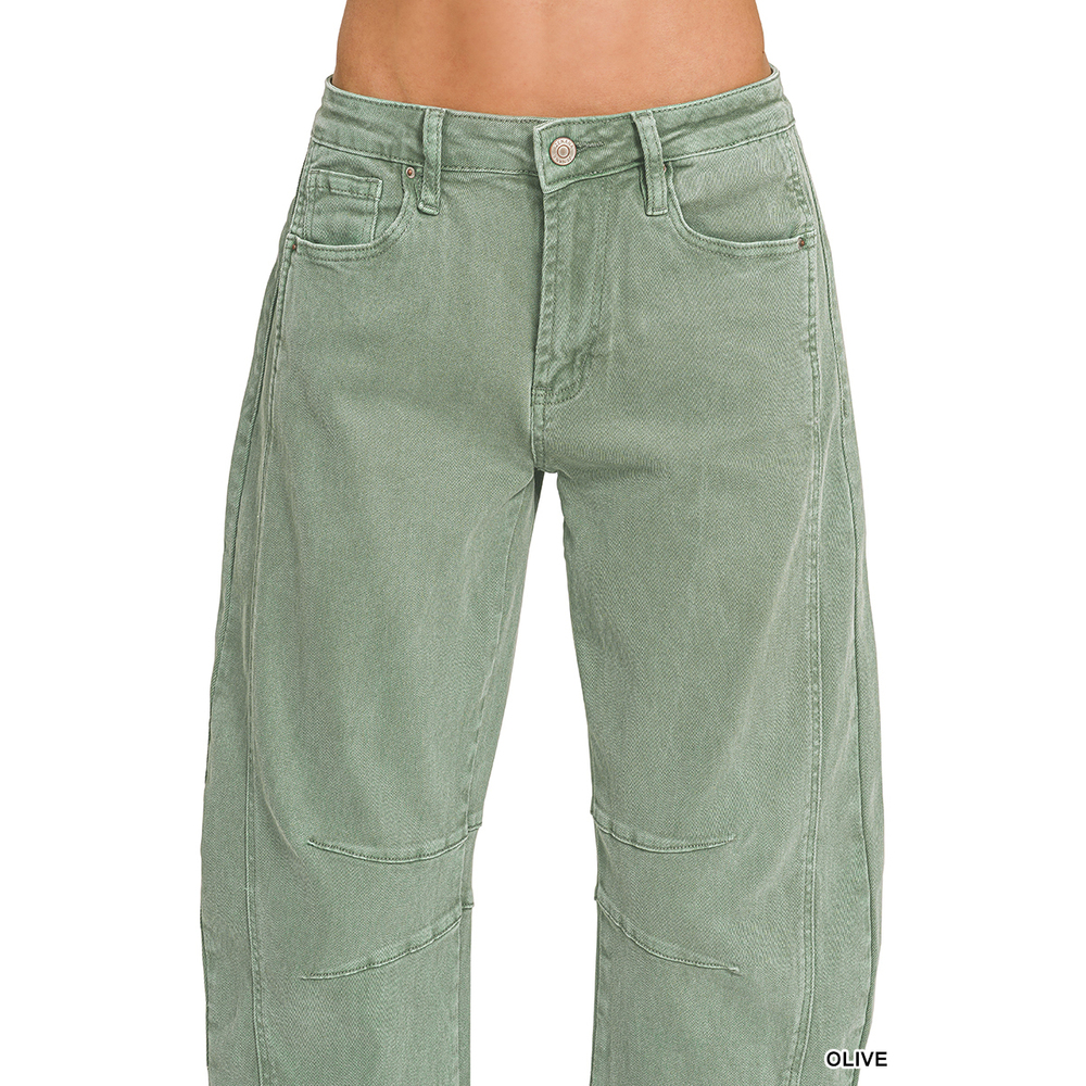 Z3 OLIVE Zenana Barrel-Leg Color Denim Pants Various Sizes - Picture 2 of 5